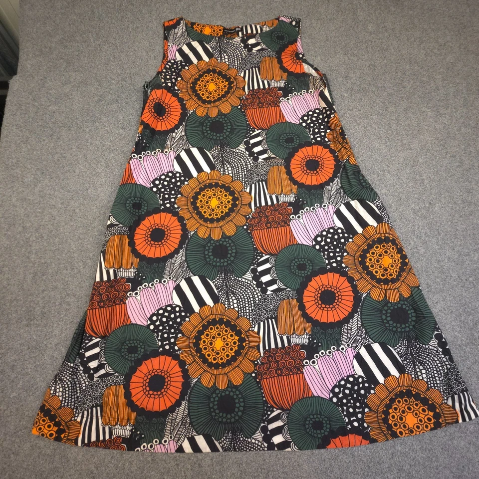 Marimekko Dress womens 10 orange Uniqlo floral Mini Sleeveless A-Line Size 10 - Image 2 of 4