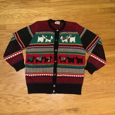 Vintage Susan Bristol Cardigan Sweater Scottie Dogs Sz L Plaid Grandma