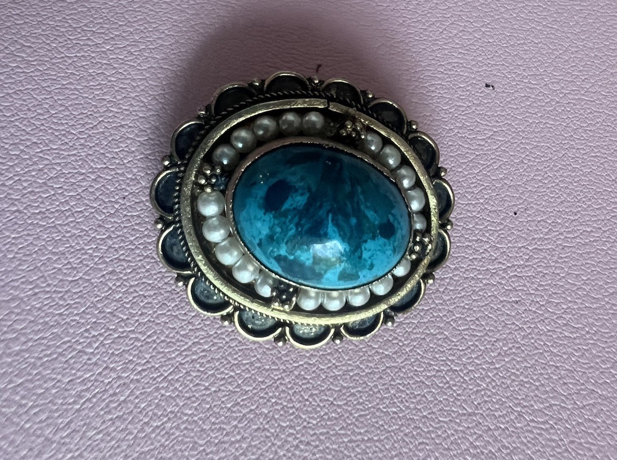 Israel Eilat Stone ? Pearl 950 Sterling Silver Brooch Pin Pendant Gilt? Read! C4