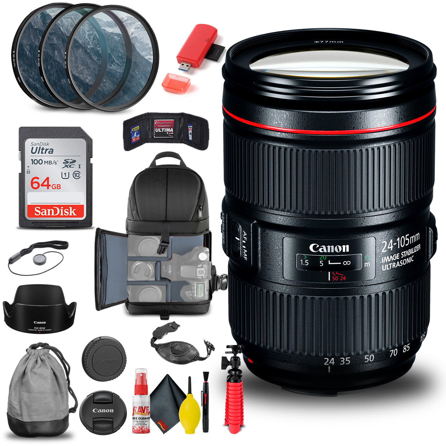 Объектив Canon EF 24-105mm f/4L IS II USM (1380C002), Комплект фильтров, рюкзак, 64 ГБ