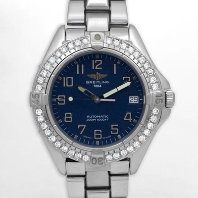 Breitling Colt Auto A17035 Auto 38mm Custom Diamond Bezel Blue Dial Steel Watch