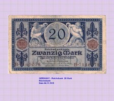 KAISSERREICH  20 MARK  REICHSBANKNOTE  1915  VF-F  P 63 6125##