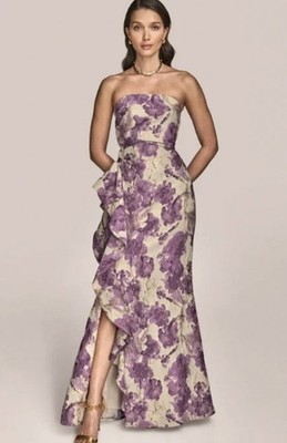 NWT DKNY Floral Brocade Strapless Ruffled Trumpet Gown Wisteria Multi Size 10