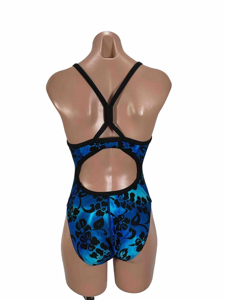 Speedo Vintage Años 80 90 Azul y Negro Floral Bañador Corte Alto 12/38 Una Pieza Foto 4 de 4