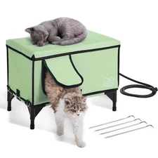 Elevated Heated Cat House Cuboid Kitty Shelter with Heated Pad Green (M)