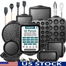 18-Piece Nonstick Carbon Steel Bakeware Set Kitchen Baking Tools Oven Safe Gray