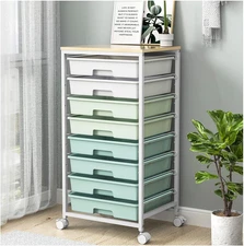 Utility Rolling Storage Cart with 8 Drawers and Wooden Top - Green