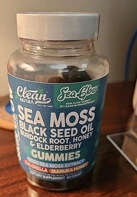 Clean Nutra Sea Moss Black Seed Oil Burdock Root Elderberry Gummies Vegan 60ct