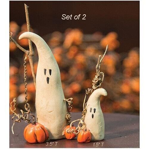 New 2pc MINIATURE Halloween Ghosts Resin 3.5" & 1.5" Primitive Fall Harvest BOO