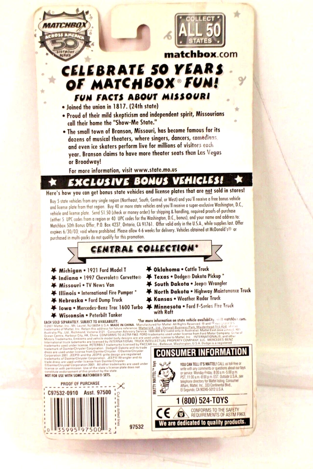 2001Matchbox Across America Миссури ТВ Новостной Фургон в Упаковке - Изображение 4 из 4