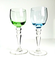 Wine Aperitif Glasses Double Knop blue/green bowls clear stems hand blown x2