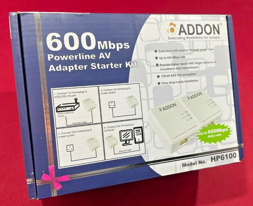 Neu! Zwei X AddOn 600Mbps Powerline Netzwerk Av Adapter Stecker HP6100 - Afbeelding 1 van 10