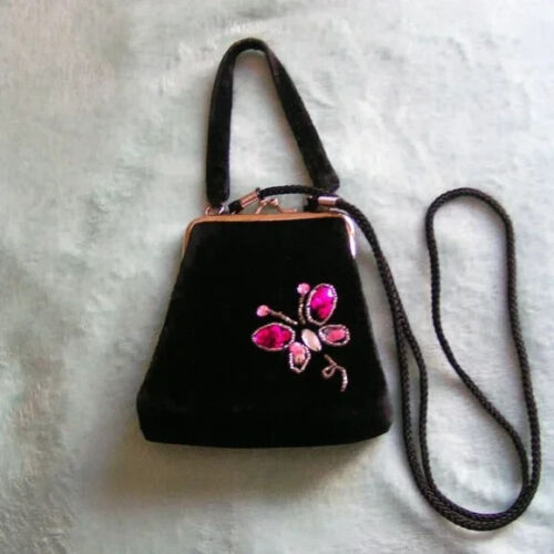 BLACK VELVET FRENCH CLASP BUTTERFLY BEADED EVENING BAG