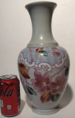 Antique Floral Painted Hand blown White Glass Vase, 12.75'' tall