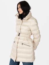 Lovedrobe Stone Belted Puffer Coat With Removable Faux Fur Hood
