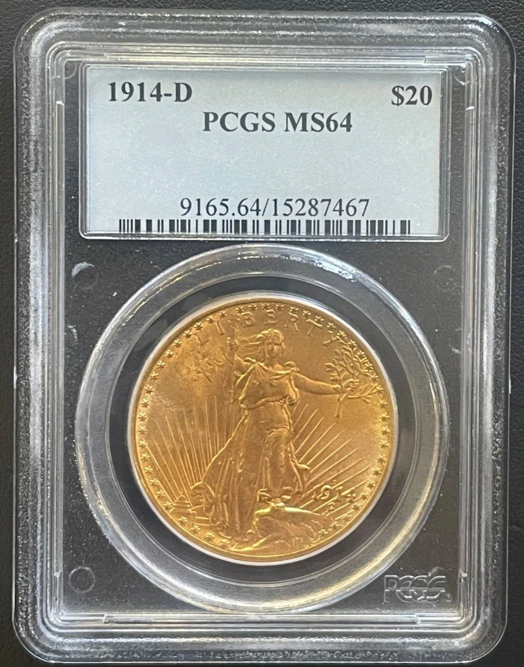 1914 D $20 ST. GAUDENS DOUBLE EAGLE PCGS MS-64, BETTER DATE, LOW MINTAGE COIN