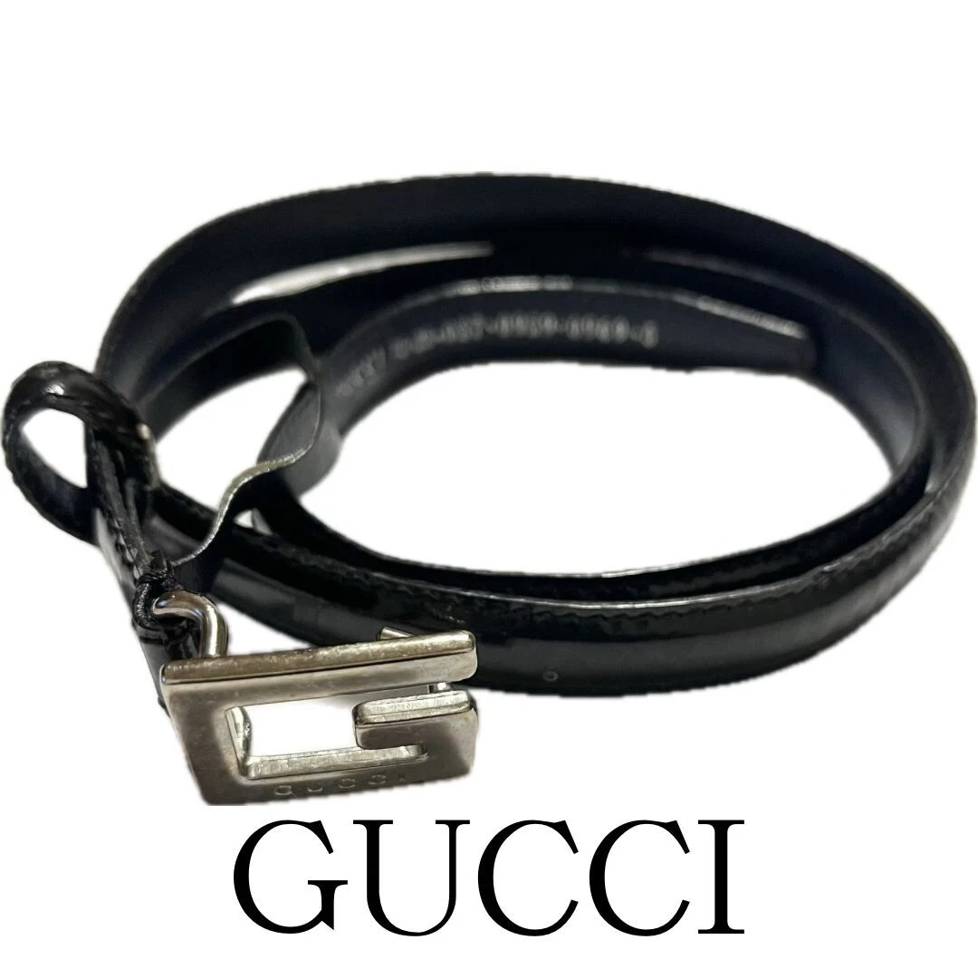 Authentique ceinture GUCCI en cuir verni noir argenté du Japon #SE1103