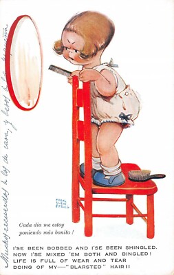 Old postcard illustrator sign Mabel Lucie Attwell I'se Been Bobbed