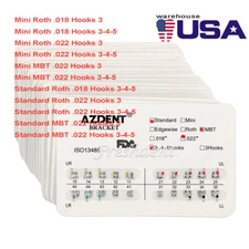 20 Packs AZDENT Dental Ortho Bracket Mini/Standard MBT/Roth 018/022 Hooks 3/345