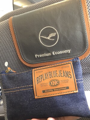 Lufthansa Premium Class Amenity Kit Pouch Replay Navy Blue Jeans Eyemask Socks