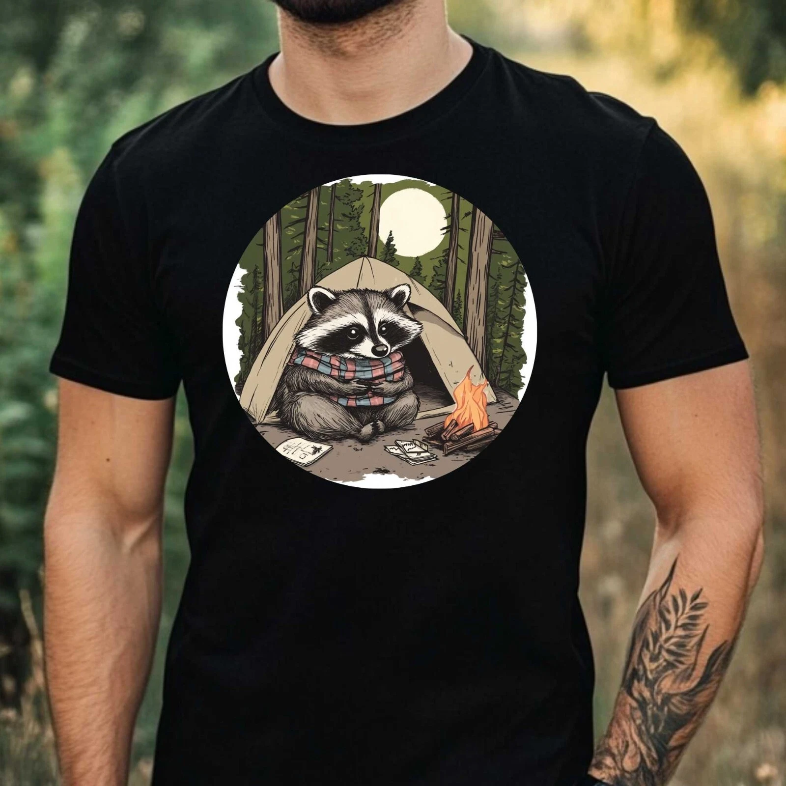 Mens Camping Raccoon Print Cotton T-Shirt Size XS to 5XL