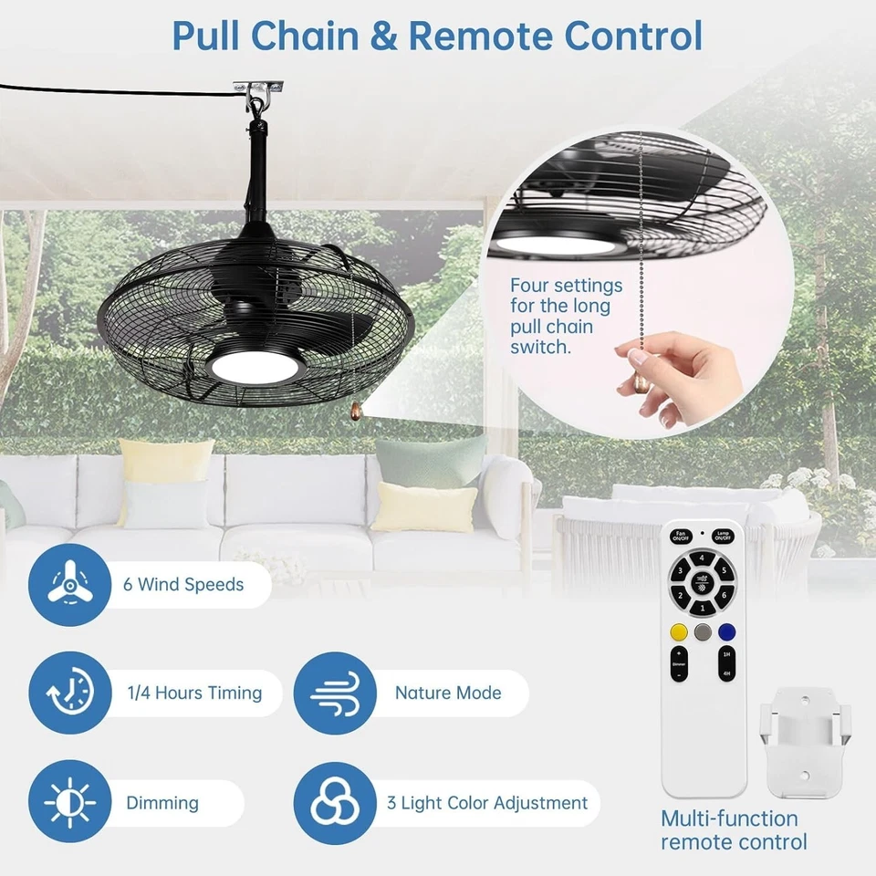 FANLIVING - 20" Outdoor Black Ceiling Fans with Light/Remote & Pull-Chain - Image 2 of 4