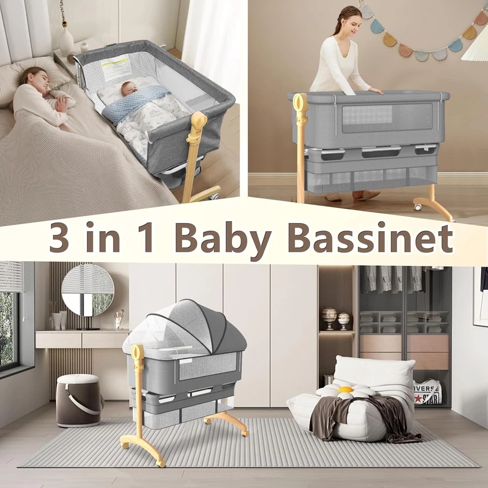 Bassinets Bedside Sleeper for Baby - Wooden Construction 3 in 1 Bedside Bassinet - image 3 of 4