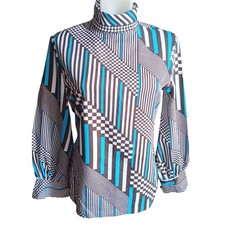 True Vintage Top Medium 1970s Geo Print High-Neck Blouse Lady Manhattan 1970's