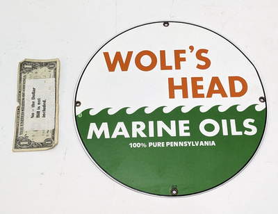 #ad 1962 WOLF’s HEAD Marine Oils Porcelain Gas Pump Plate Sign Gas amp; Oil VINTAGE $179.99