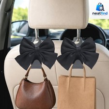 2-Pack Cute Bow Car Purse Hooks, Headrest Hangers, Black silk