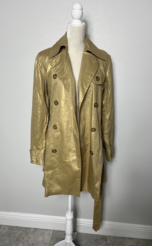 Ralph Lauren LRL Linen Metallic Gold Double Breasted Belted Trench Jacket Coat M - Picture 10 of 24