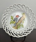 New ListingNapco Lattice Trim Milk Glass Hand Painted Red Head Woodpecker Plate Signed 8”