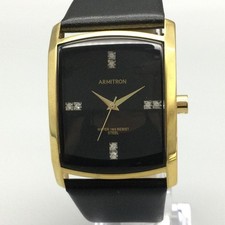 Armitron Mens Watch 33mm Black Dial Gold Tone Leather Crystals New Battery