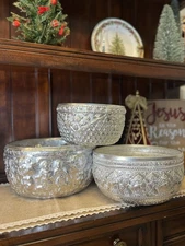 Thai Aluminum Nesting Water Bowl Set of 3 Silver Ornate Embossed Design Signed