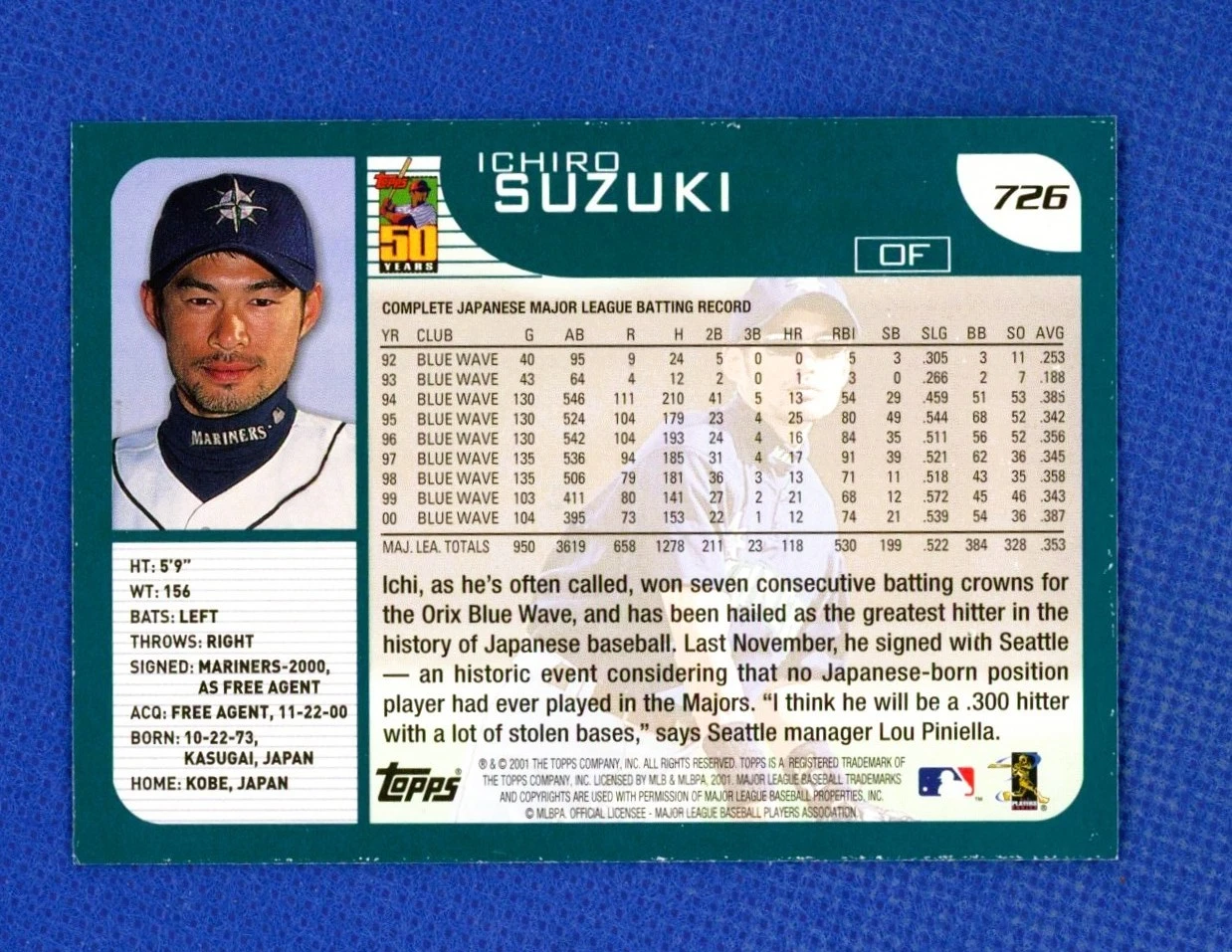 2001 Topps Ichiro Suzuki #726 Rookie RC HOF Seattle Mariners