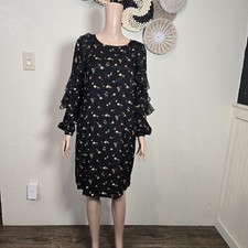 Lauren Ralph Lauren Black Floral   Midi Dress ruffle Long Sleeve  Size 8 Petite 