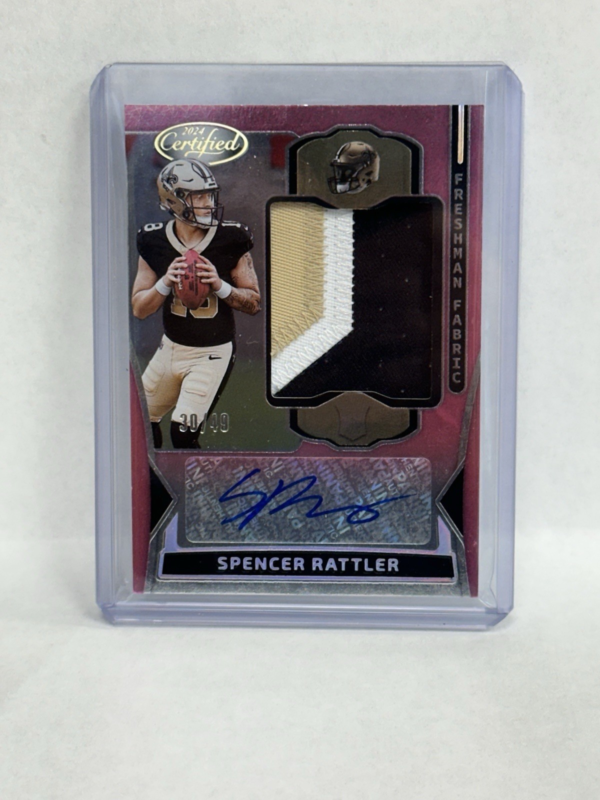 2024 Panini Certified Freshman Fabric Pink Spencer Rattler Auto RC /49 Saints