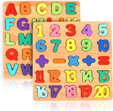 2 Pcs Wooden Puzzles ABC Learning Toys for Kids, Toddlers Alphabet Number Puzzle