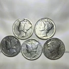 Mercury Dimes 1935-1944 Lot of 5 Circulated Silver 10C Coins