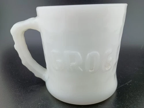 Vintage B.C. Comic GROG Milk Glass Mug Coffee Cup Caveman Johnny Hart  Fire King