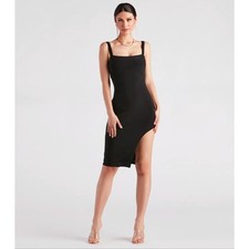 Windsor Date Night Allure Side Slit Midi Dress in Black NWT
