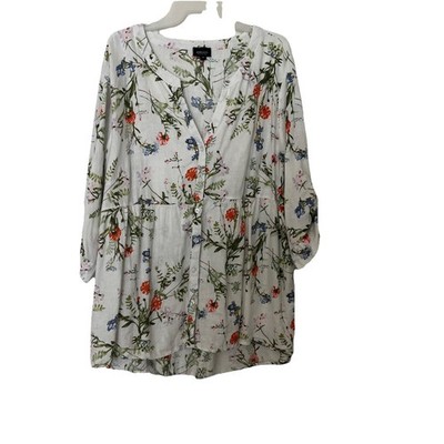 Jones New York Top Women 3x Cream Floral Button Up Linen Blend Boho Cottage