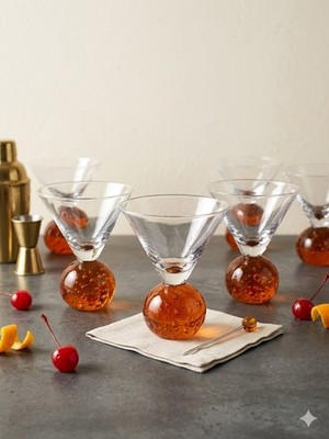 E. Cointreau Signed Martini Glasses Set of 6 Orange Bubble Stem Art Deco Barware