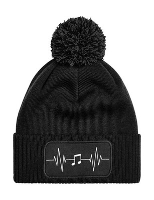 Unisex Strick Bommel Beanie Mütze mit Heartbeat Musik Print DJ Festival