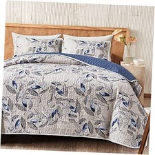 3 Pieces Microfiber Queen 90"x90", 1 Quilt 2 Pillow Shams Botanical Blue