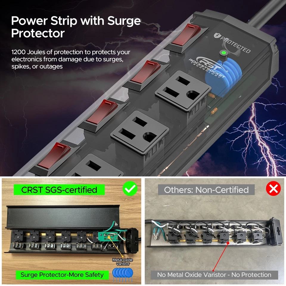 CRST Power Strip 6 Outlets Heavy duty 6 ft cord 1200J Surge Protector 15 Amp - Image 3 of 4