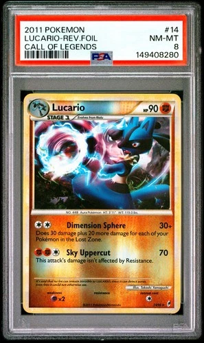 2011 POKEMON CALL OF LEGENDS 14 LUCARIO-REVERSE FOIL PSA 8
