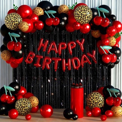 119Pcs Red Cheetah Print Birthday Decorations Balloons Kit, Black Red Cherry ...