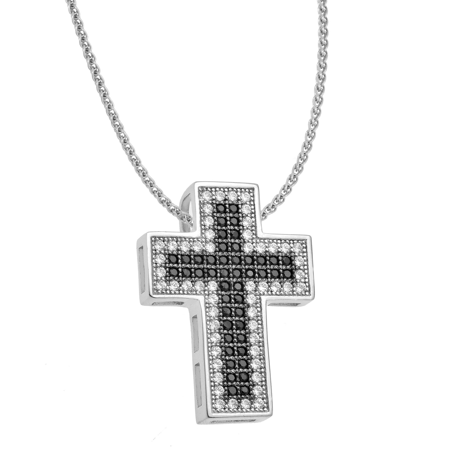 Sterling Silver Jewelco London Black CZ Illuminated Cross Necklace 16 18 inch