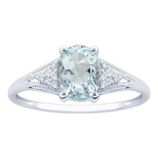14k Solid White Gold Oval Natural Aquamarine and Diamond Vintage Style Ring
